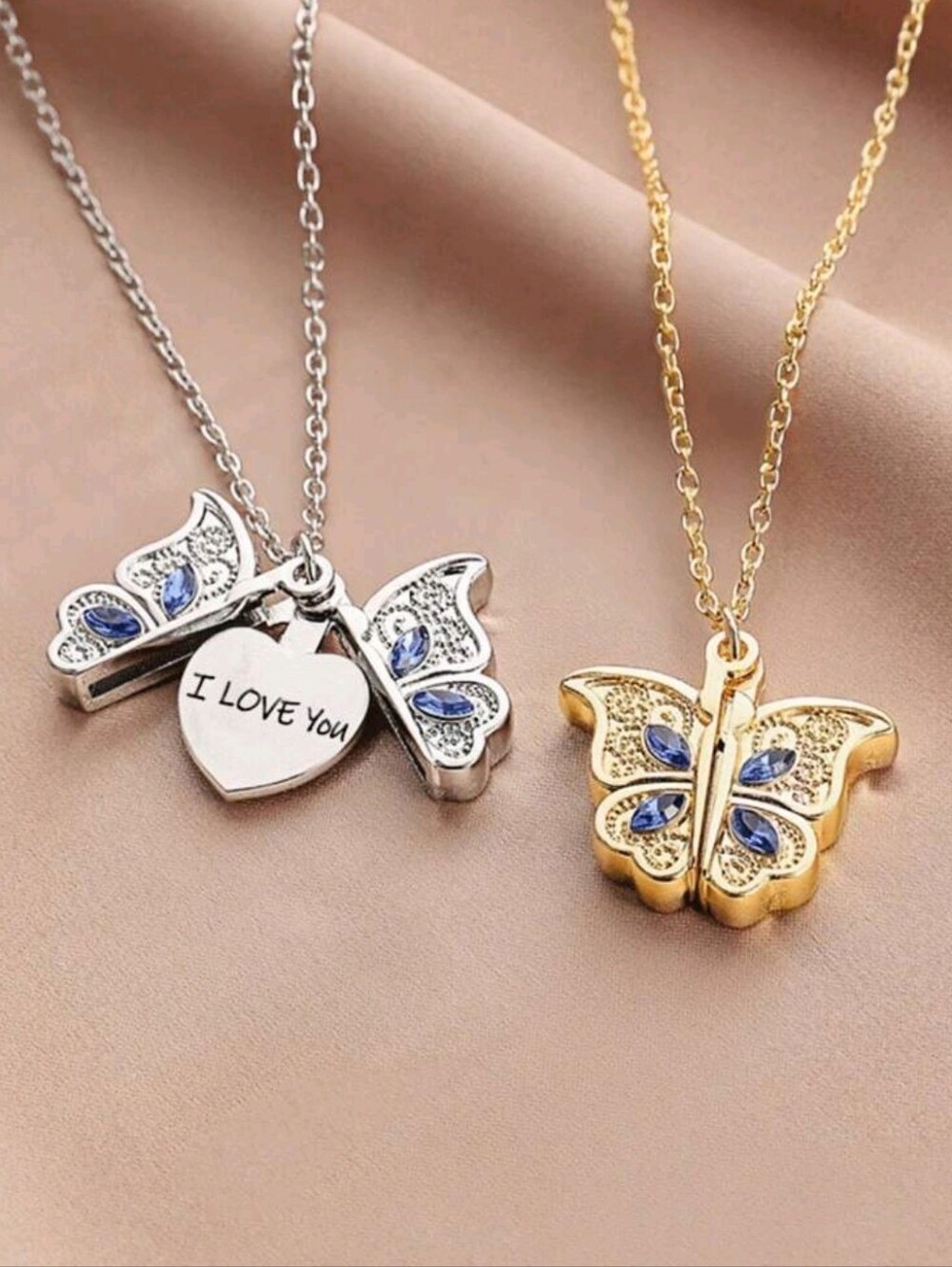 NEW Butterfly Necklace with Blue Accents - I Love You Pendant